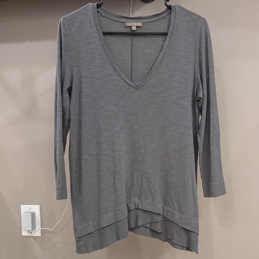 Lilla P Gray 3/4 Sleeve Top | Frayed Hem | Size Small